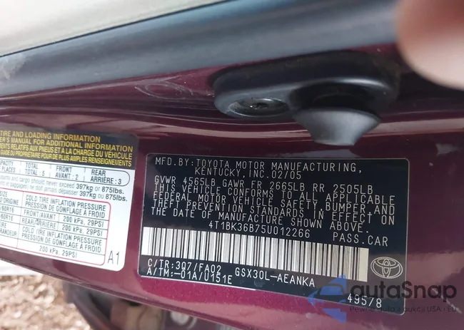 4T1BK36B75U012266: 43013286