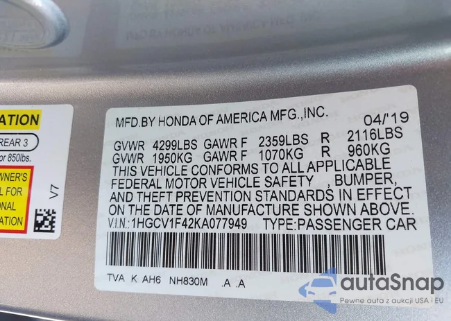 1HGCV1F42KA077949: 43013389