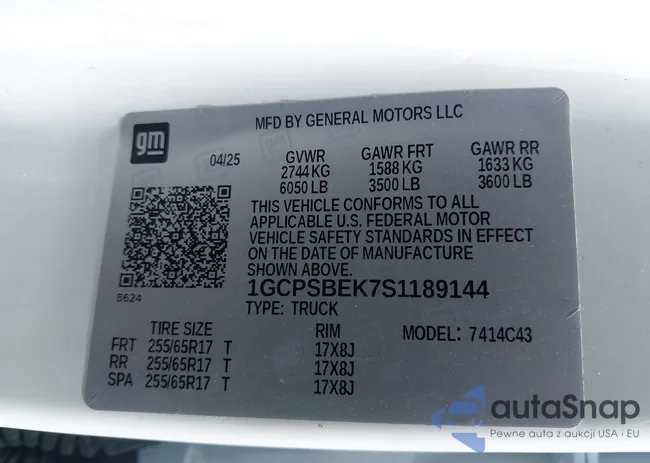 1GCPSBEK7S1189144: 43013620