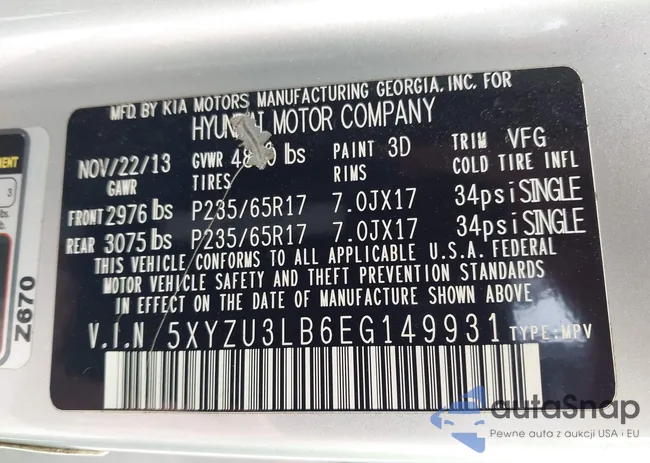 5XYZU3LB6EG149931: 43015663