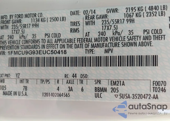 1FMCU9G93EUC50418: 43015267