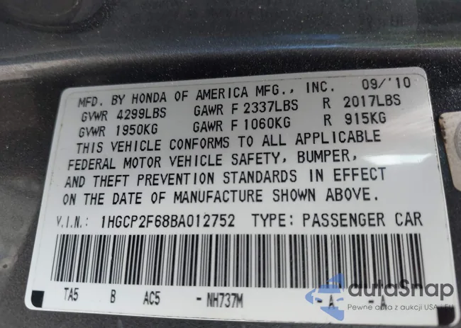 1HGCP2F68BA012752: 43017452