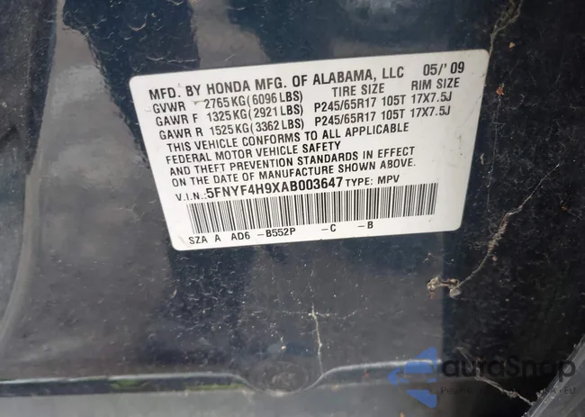 5FNYF4H9XAB003647: 43018438