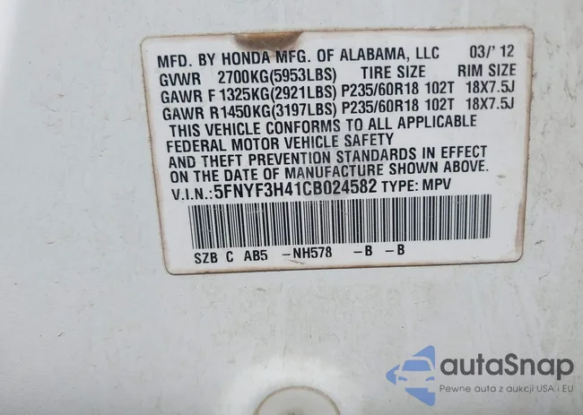 5FNYF3H41CB024582: 43018532