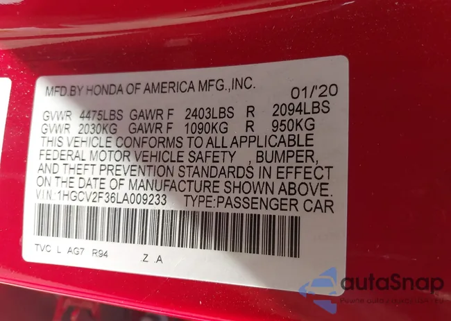 1HGCV2F36LA009233: 43018676