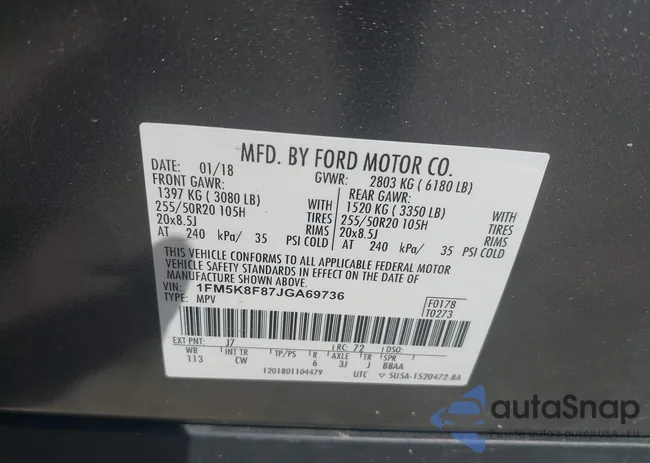 1FM5K8F87JGA69736: 43019723