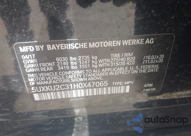 5UXKU2C31H0X47065: 43020254