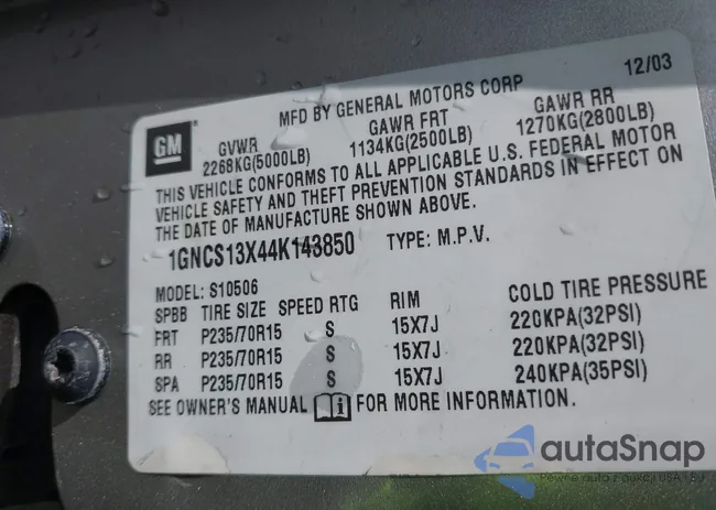 1GNCS13X44K143850: 43022572