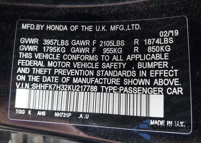 SHHFK7H32KU217788: 43023444