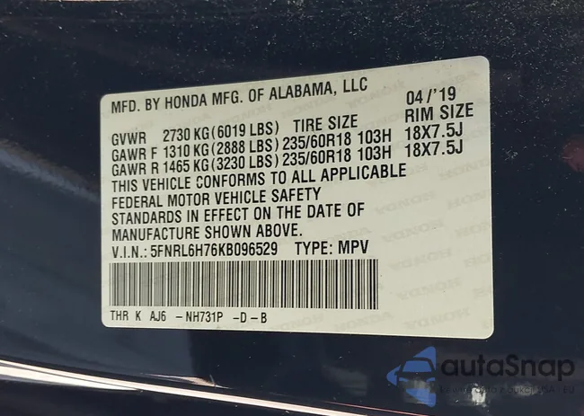 5FNRL6H76KB096529: 43025160