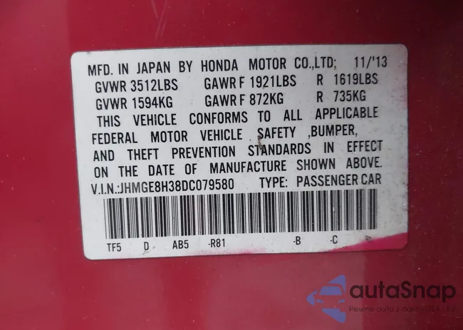 JHMGE8H38DC079580: 43026329