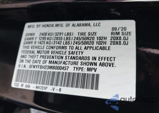 5FNYF8H23MB000457: 43026509