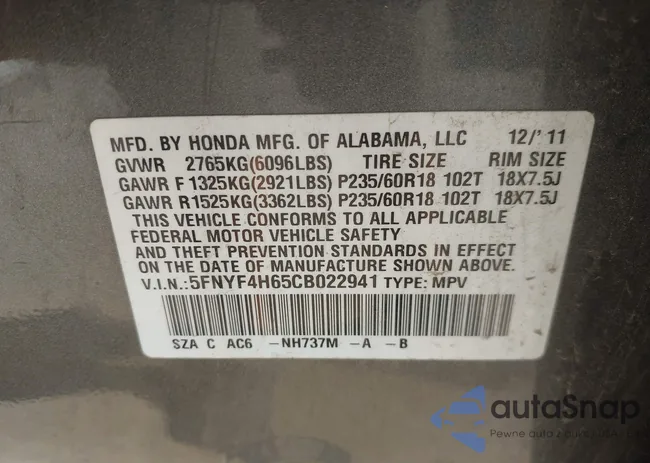 5FNYF4H65CB022941: 43026003