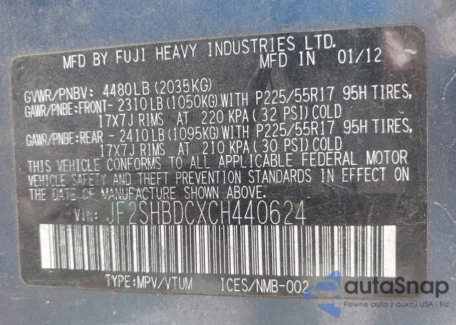 JF2SHBDCXCH440624: 43027162