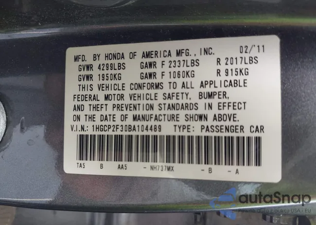 1HGCP2F30BA104489: 43029455