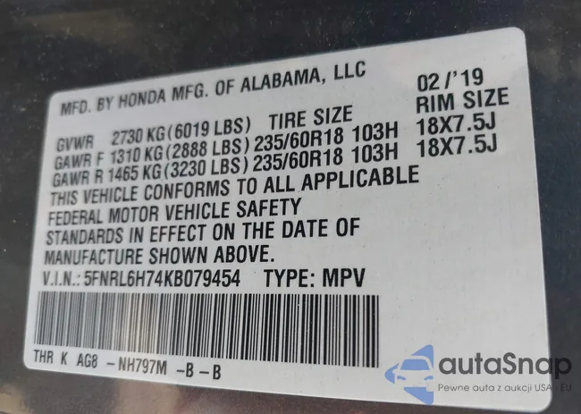 5FNRL6H74KB079454: 43030004