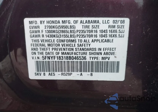 5FNYF18318B046536: 43030053