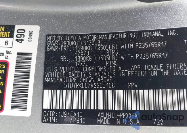 5TDYRKEC7RS205106: 43030130