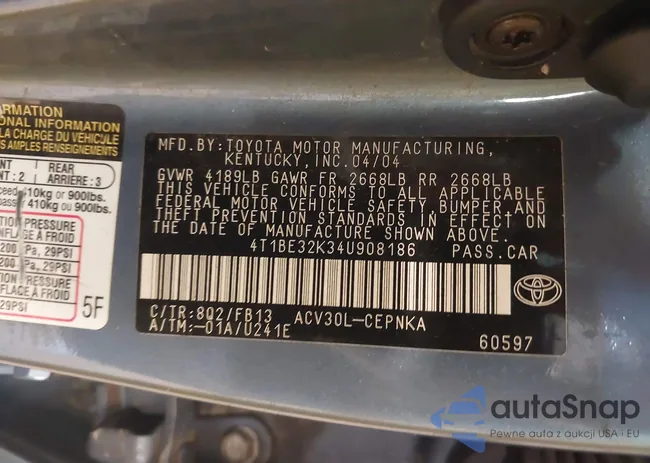 4T1BE32K34U908186: 43030185