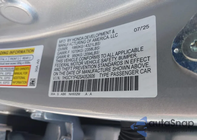 1HGCY1F42SA052606: 43032595