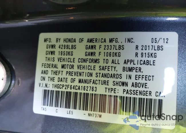 1HGCP2F64CA162763: 43032078