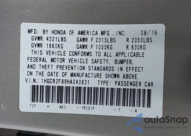 1HGCR2F89HA040631: 43032964