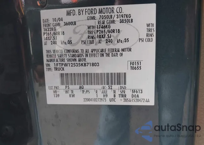 1FTPW12535KB71803: 43035775