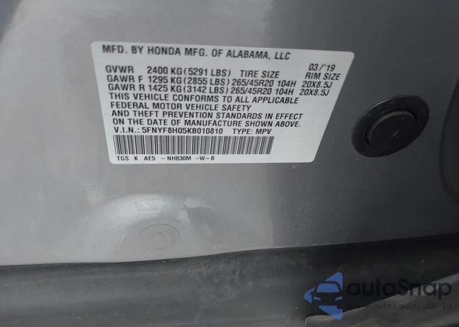 5FNYF8H05KB010810: 43036407