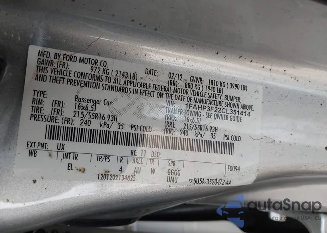 1FAHP3F22CL351414: 43036867