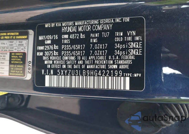 5XYZU3LB9HG422199: 43039678