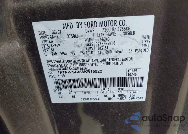 1FTPW14V88KB19522: 43040393