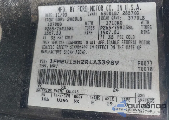 1FMEU15H2RLA33989: 43043334