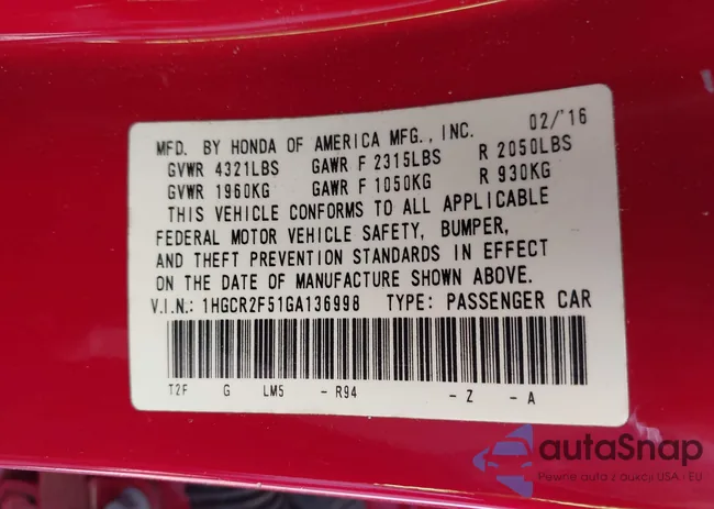 1HGCR2F51GA136998: 43043454