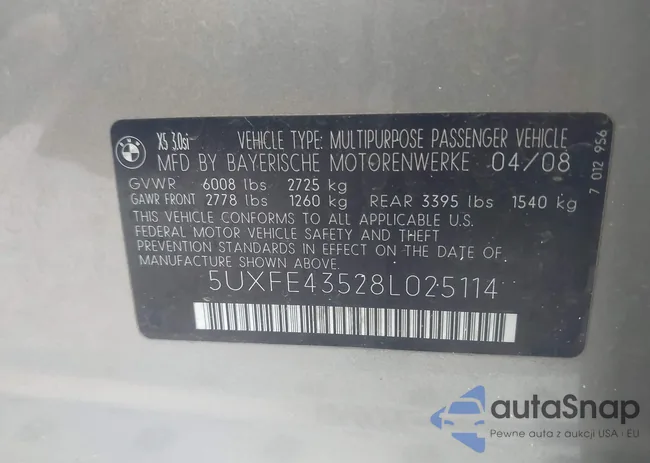 5UXFE43528L025114: 43045622