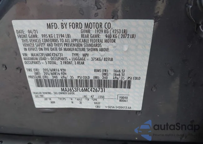 MAJ6S3FL6MC426731: 43046196