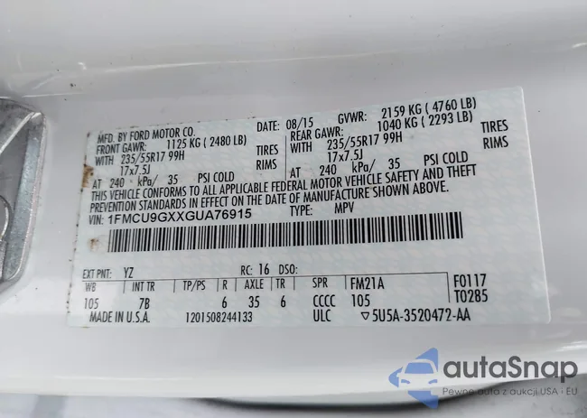 1FMCU9GXXGUA76915: 43047283