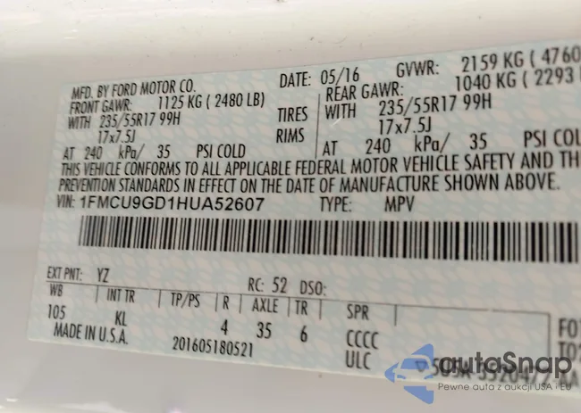 1FMCU9GD1HUA52607: 43047725