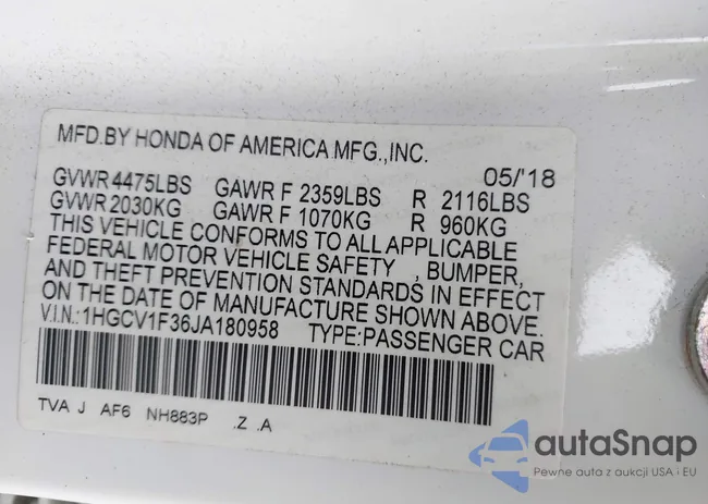 1HGCV1F36JA180958: 43047188