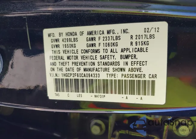 1HGCP2F60CA094333: 43049593