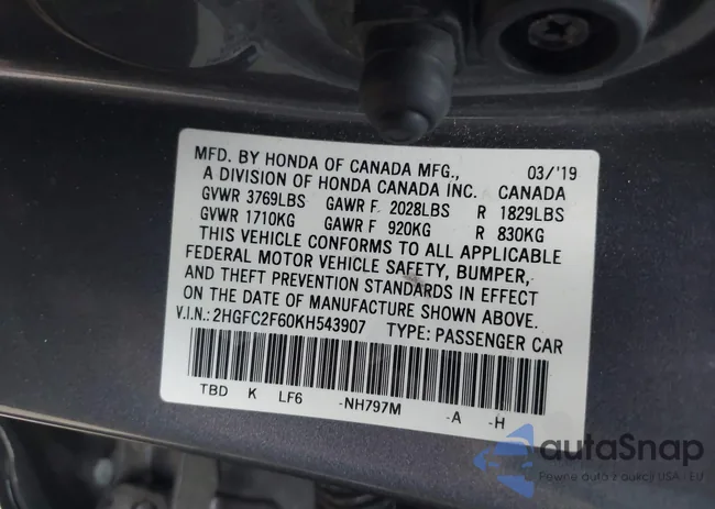 2HGFC2F60KH543907: 43052717