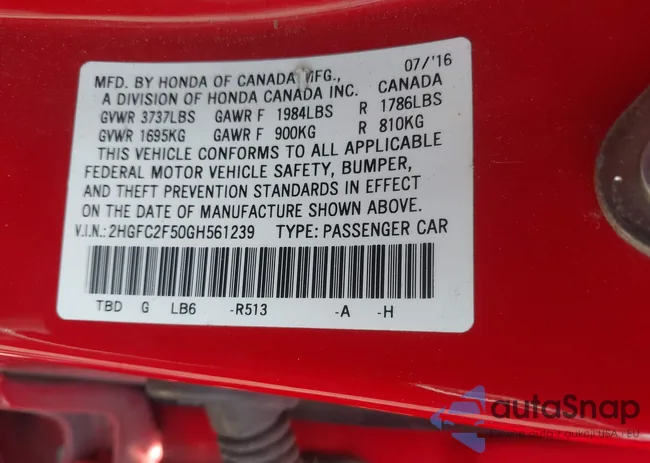 2HGFC2F50GH561239: 43052810