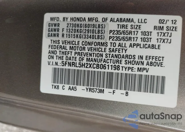 5FNRL5H2XCB061198: 43054243