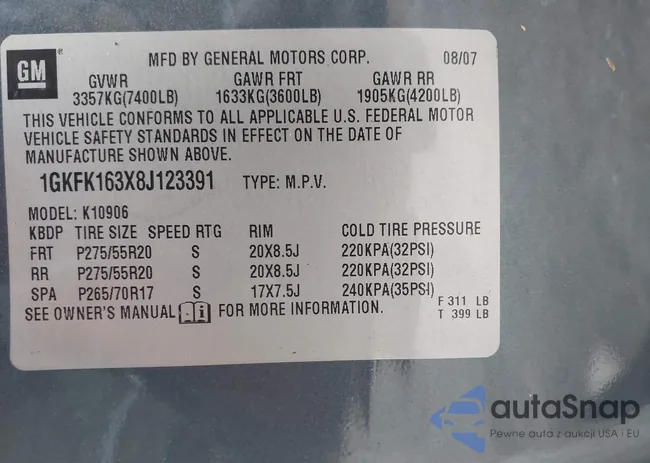 1GKFK163X8J123391: 43056842