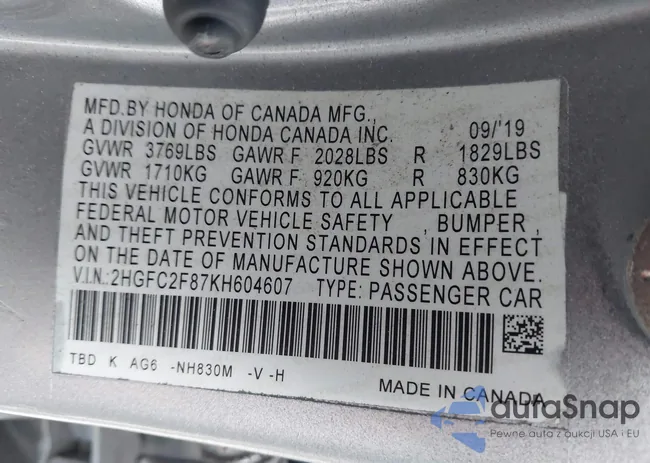 2HGFC2F87KH604607: 43059488