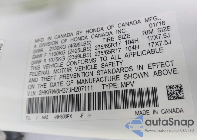 2HKRW6H37JH207111: 43058930