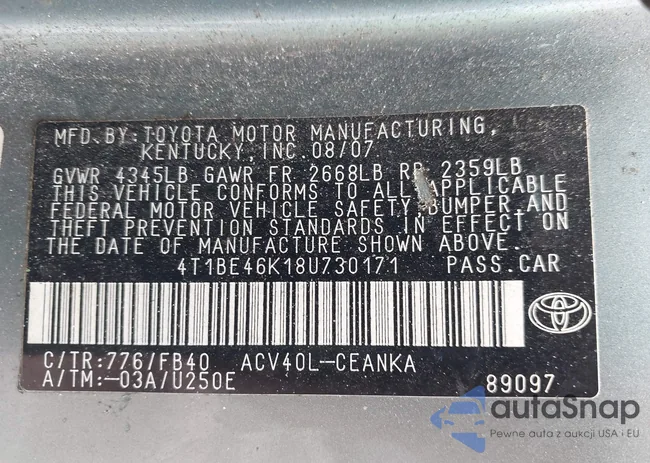 4T1BE46K18U730171: 43060510