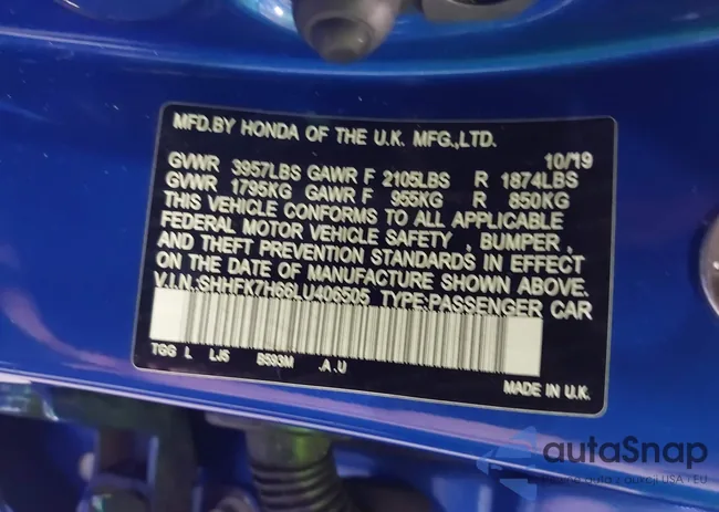 SHHFK7H66LU406505: 43060981