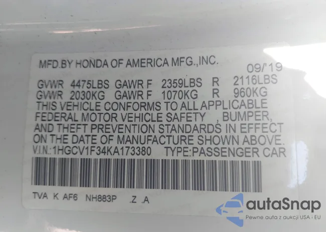 1HGCV1F34KA173380: 43061083