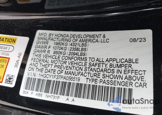 1HGCY1F37PA056519: 43062418