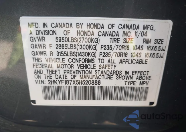 2HKYF187X5H520886: 43062503